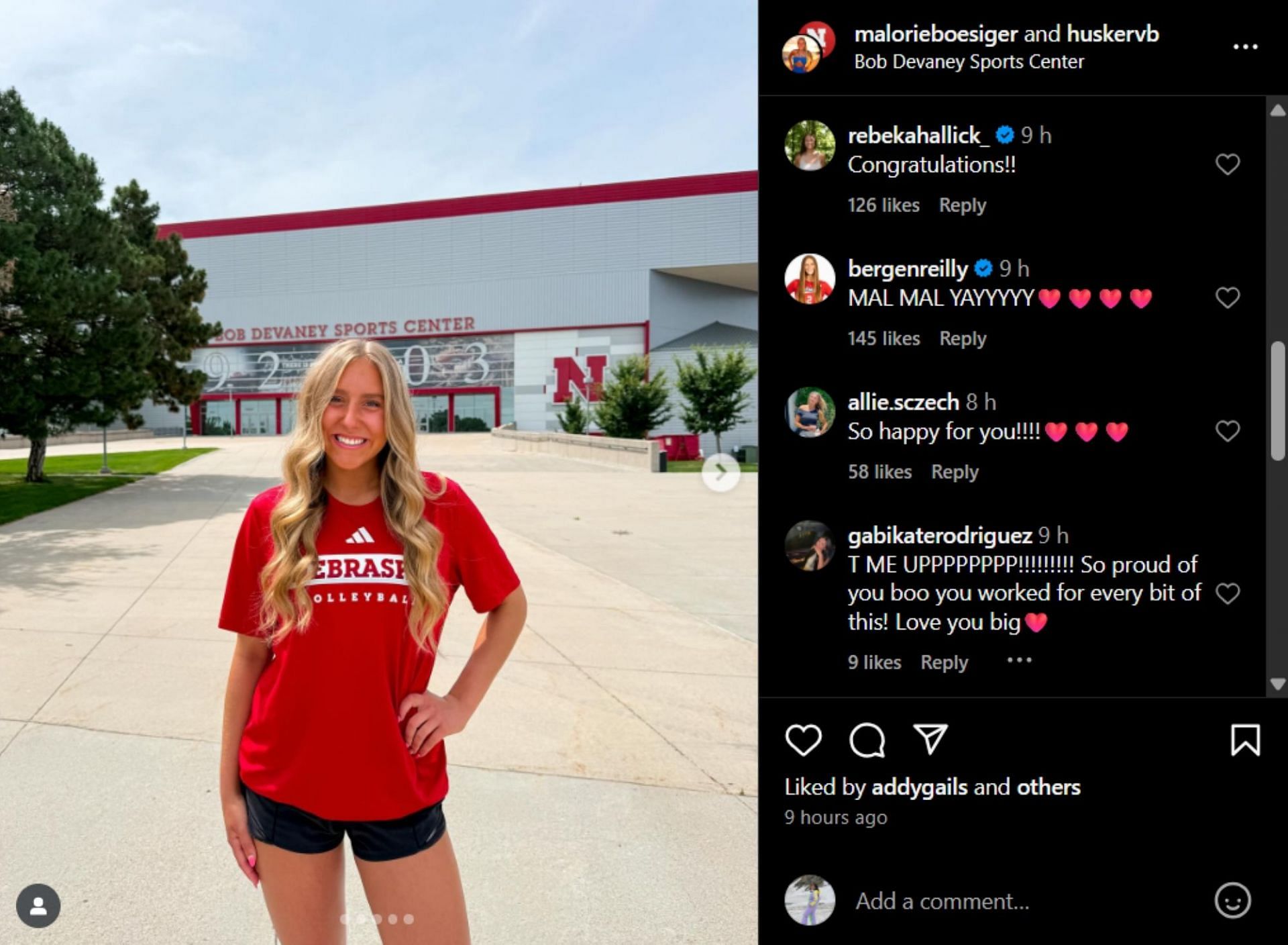 Malorie's big news garnered reactions from Nebraska Volleyball players; Instagram - @malorieboesiger
